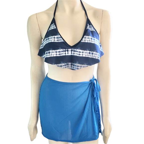 BOBBIE BROOKS Tie Dye Stripe Flounce Front Halter Tie Swim Top SZ L - Picture 2 of 11